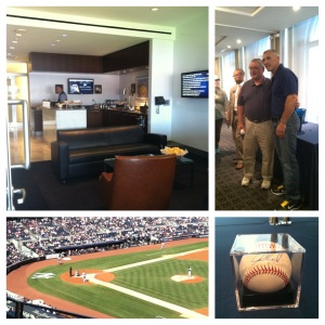 Our suite, the view, and Joe Girardi chilling with my dad. 